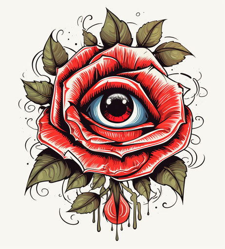 Tattoo of sun, red rose, all seeing eye