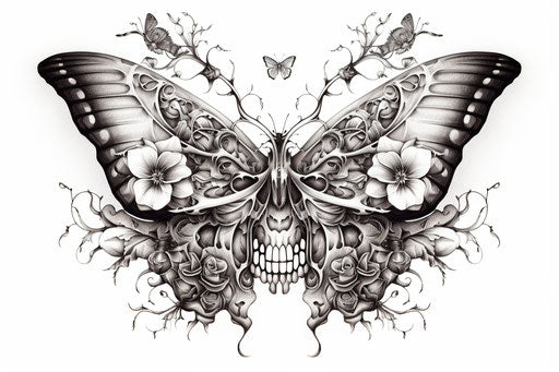 Butterfly with skull outline, decorative elements style