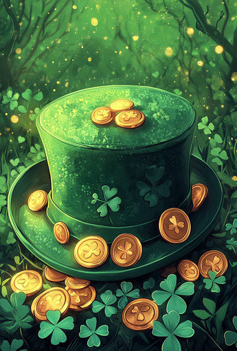 Green hat with gold coins and shamrocks, St. Patrick's theme