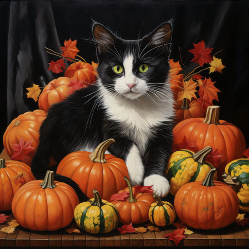 Manx cat resting with pumpkins