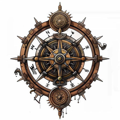 Steampunk tattoo sketch of Viking compass, flat clipart style with bronze gears and mechanical details