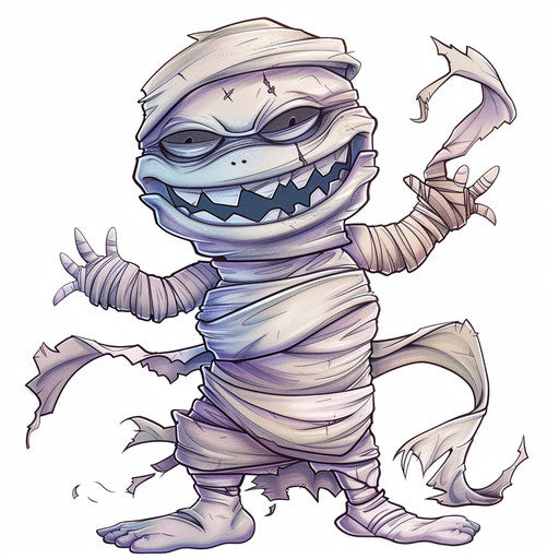 Smiling unraveling mummy with tattoo on white background