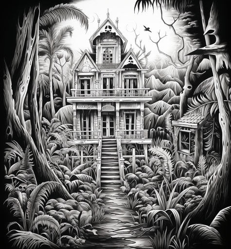 Halloween in the jungle coloring page, haunting houses style