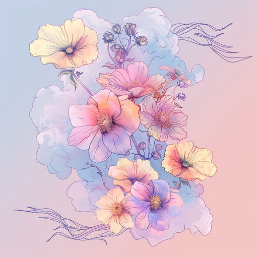 Ethereal flat tattoo sketch of March flowers in clouds