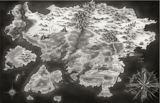 Black and white drawing of a world map, dark brown and white style, heavy inking 17:11