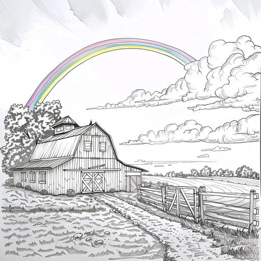 A whimsical barn under a rainbow in the sky