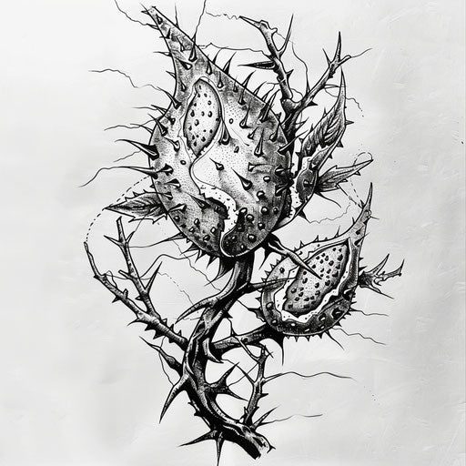 Gothic tattoo sketch of a jagua fruit in a dark, twisted bush