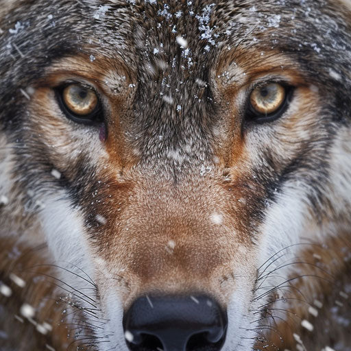 Close-up of a wolf with snowy background