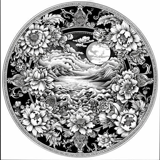 Detailed mandala with nature themes: coloring book page