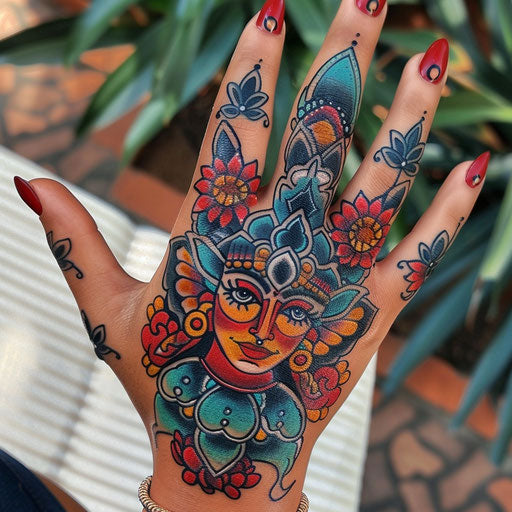 Vibrant traditional hand tattoo for women with cultural motifs