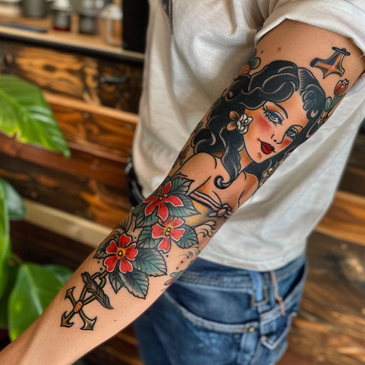 Arm tattoo with classic pin-up girls and anchors, in the style of Sailor Jerry