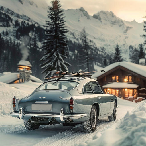 Aston Martin DB6 mountain climber edition near snowy lodge