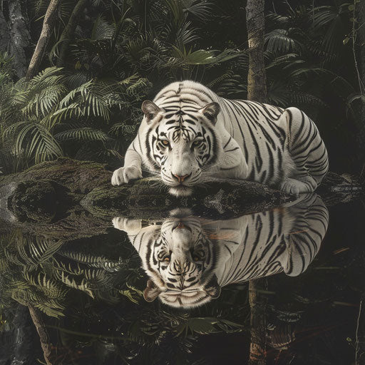 Reflection of a white tiger in the calm waters of a secluded lake in a lush forest habitat