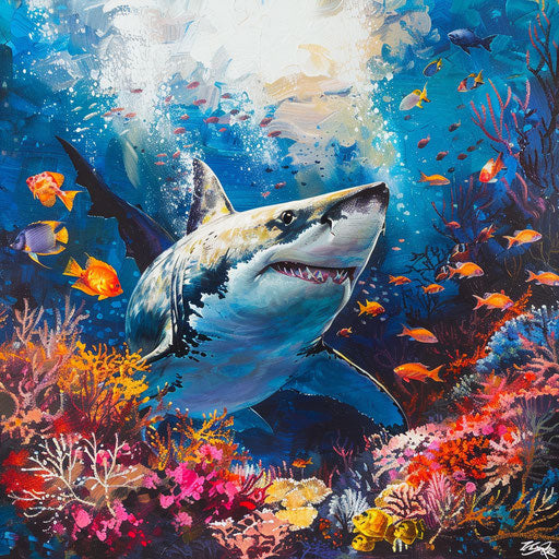 Great white shark swimming near a coral reef with vibrant fish
