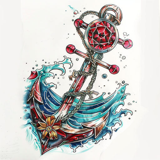 Nautical tattoo sketch of a ruby with an anchor and waves, in ocean blue and jewel red, clipart style