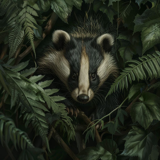 Badger emerging from dense foliage