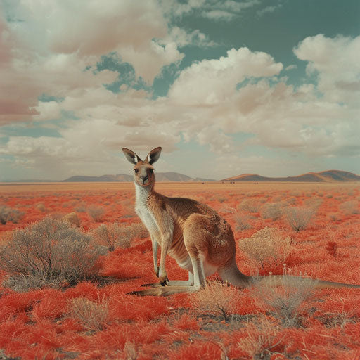 Red kangaroo in a surreal and dreamlike desert landscape, in the style of Simen Johan