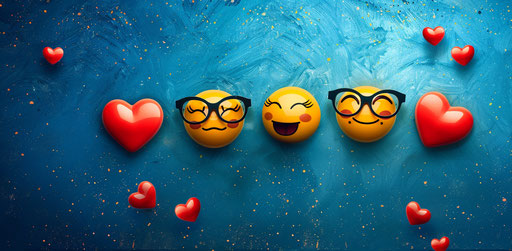 The emoticon with glasses holding red hearts, in the style of dark yellow and light indigo, lovely 39:19