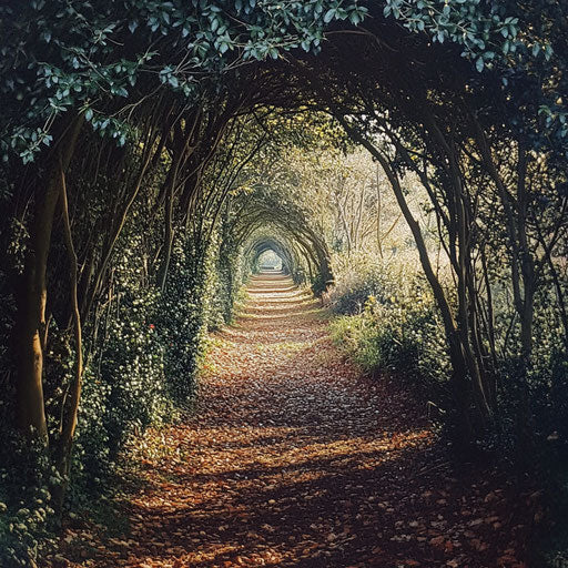 Woodland path lined with holly bushes leading to hidden holiday retreat