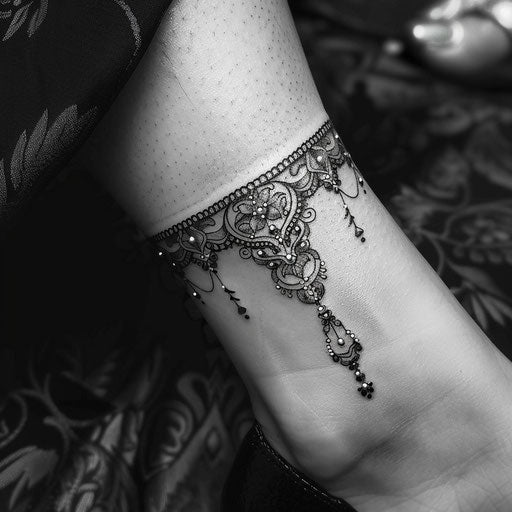 Elegant flat tattoo sketch of an ankle bracelet with intricate lace and bead patterns