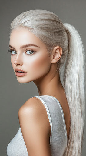 Woman with platinum blonde hair in sleek ponytail on grey background