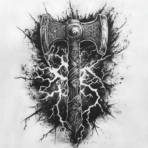 Viking tattoos for men depicting Thor's hammer surrounded by lightning in the style of Ed Hardy