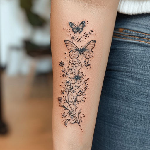 Delicate floral and butterfly tattoo on inner forearm