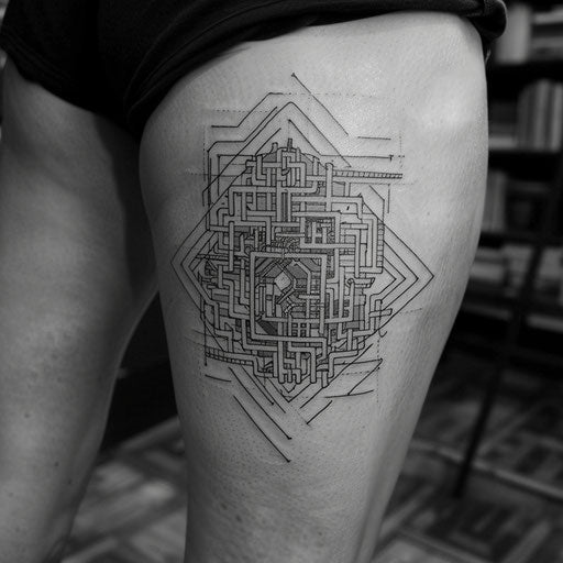 Intricate spiritual tattoo on a thigh