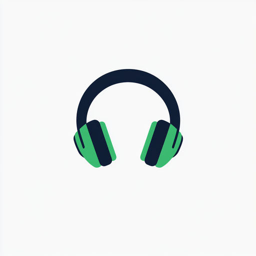 Minimalist music logo with a simple headphone icon combined with clean, modern typography, in a fresh green and navy color scheme, isolated on a flat white background.