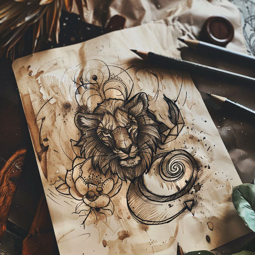 Rustic tattoo sketch of a hakuna matata symbol with earthy tones and natural textures
