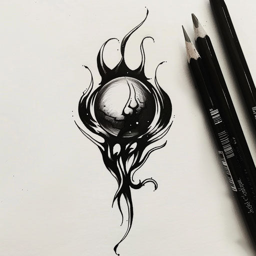Black pearl surrounded by ring of fire in tribal style