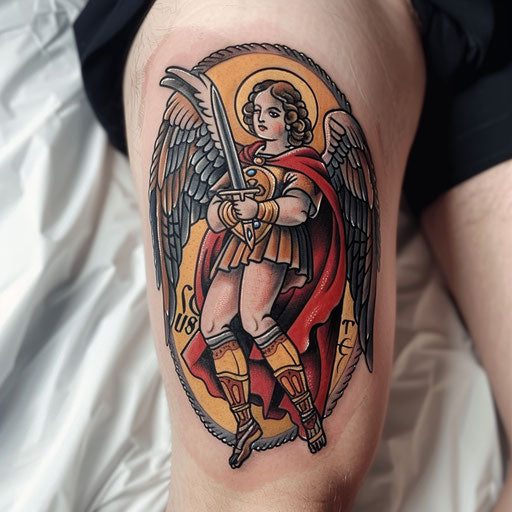 Neo-traditional tattoo of Saint Michael on white background