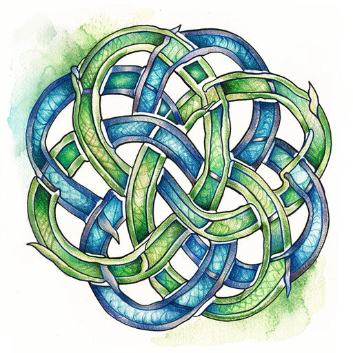 Colorful Celtic knot tattoo with green and blue hues on white background