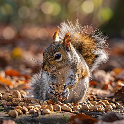 A squirrel collects nuts on a sunny day