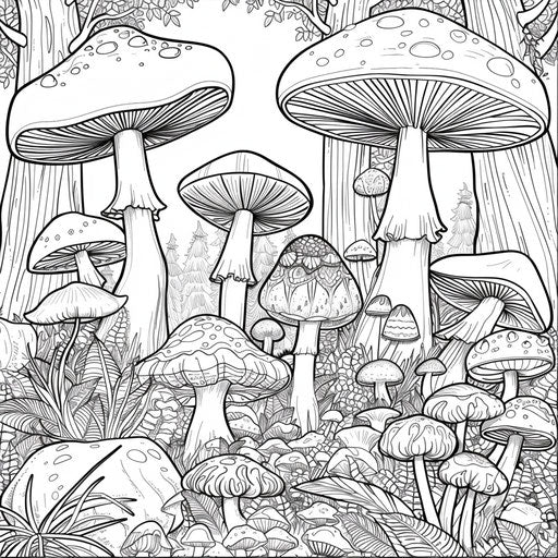 Enchanted forest with giant mushrooms, vibrant and magical, Coloring book page