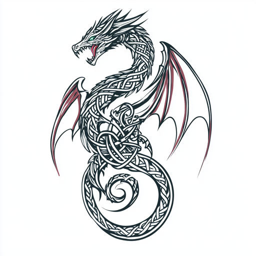Tribal dragon tattoo with Celtic symbols on white background