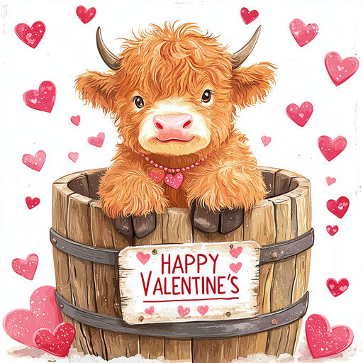Baby Highland cow in old wooden barrel with hearts, 'HAPPY VALENTINE'S'