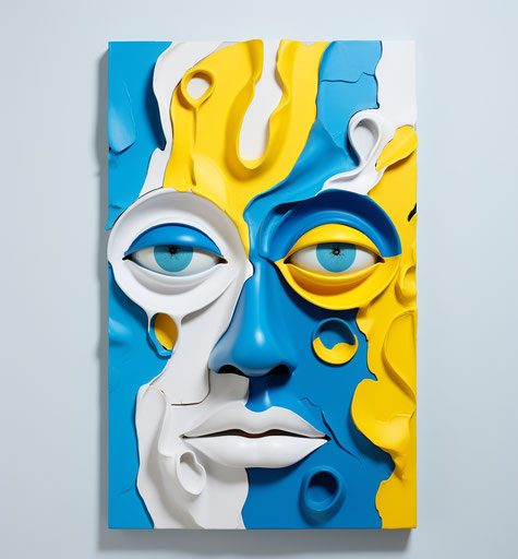 Emotive face on blue background, light gray and yellow style, bold gestures