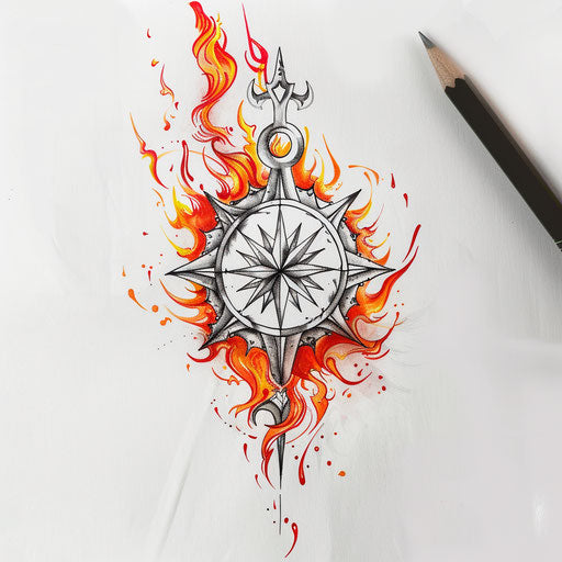 Fiery Viking compass tattoo sketch