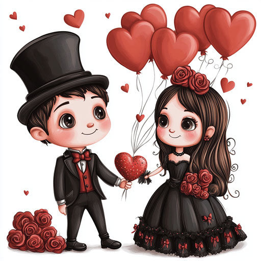 Valentine's Day Card, detailed style, red roses and heart-shaped balloons