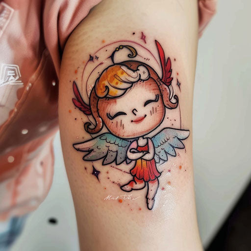 Whimsical guardian angel tattoo on white background