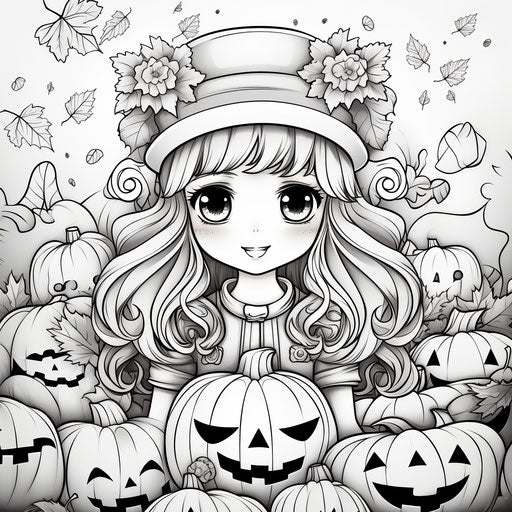 Adult coloring page of a cute girl with pumpkins