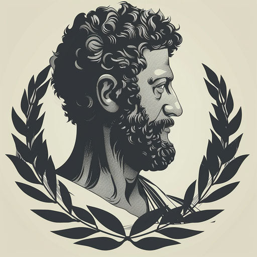 Flat tattoo sketch of Marcus Aurelius in stoic pose with laurel wreath