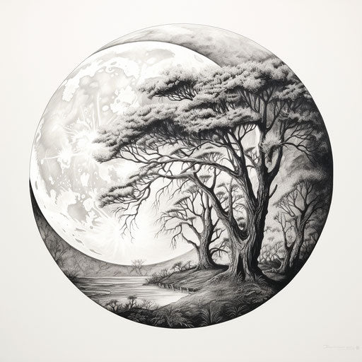 Black and white drawing of a moon, detailed botanical style