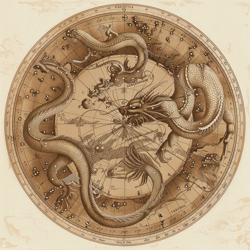 Vintage nautical map style illustration of the Hydra constellation tattoo in sepia tones on white background
