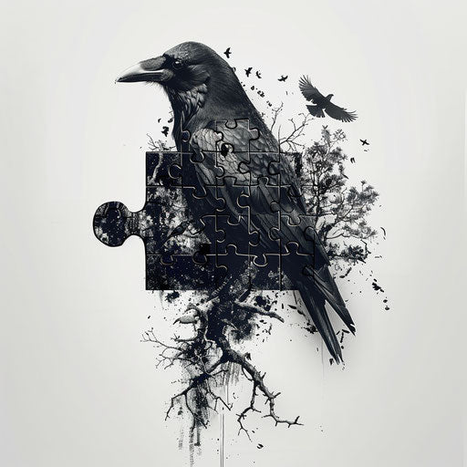 Gothic puzzle piece tattoo with ravens and thorns