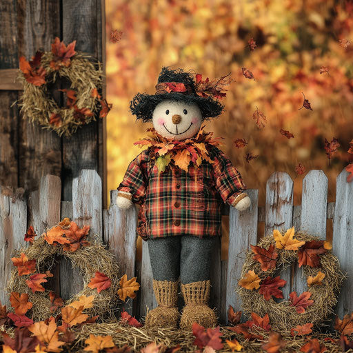 Cozy scarecrow by rustic wooden fence surrounded by hay