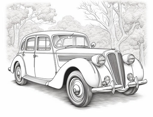 Vintage car coloring page, in the style of creased, nostalgic yearning 31:24