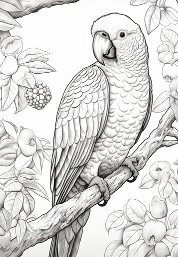 Parrot on a tree branch, coloring page
