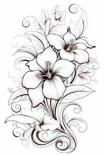 Black and white floral coloring pages, elegant abstraction style